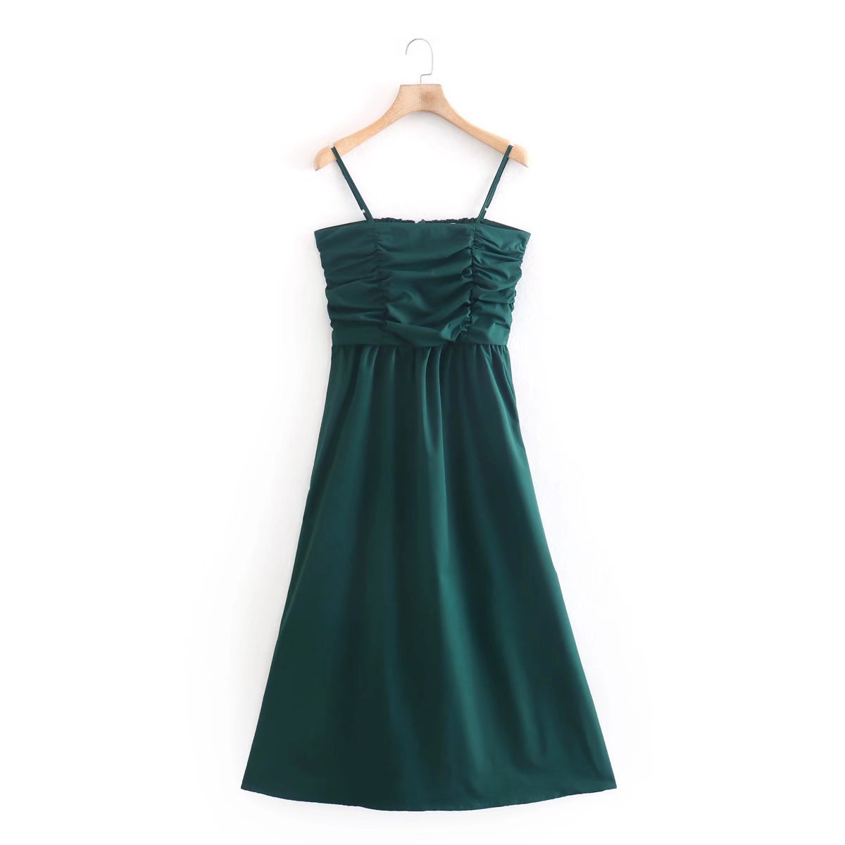 dark green word-neck pleated sling long dress  NSAM123238