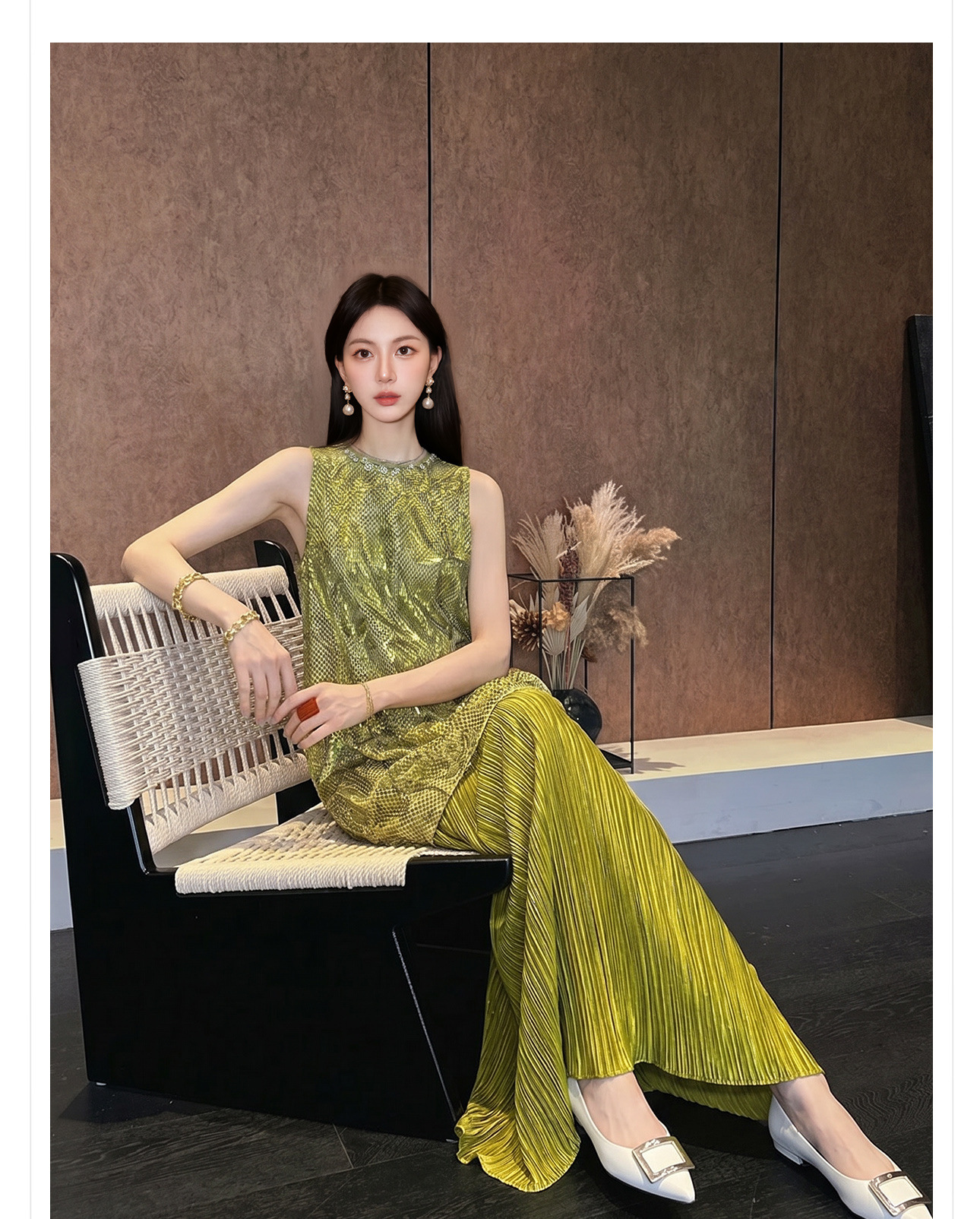 Đầm maxi nữ thắt eo phong cách Tân Trung Hoa họa tiết thêu nổi — Trà cà phê chi tiết 2