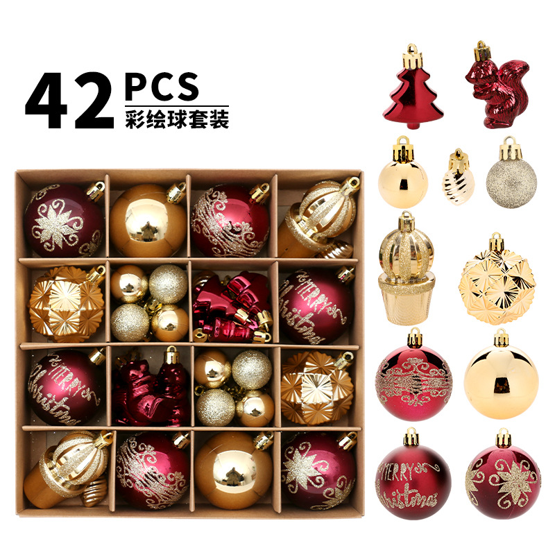 跨境 聖誕節裝飾品 酒紅金42個彩繪聖誕球套裝 聖誕樹掛件裝飾