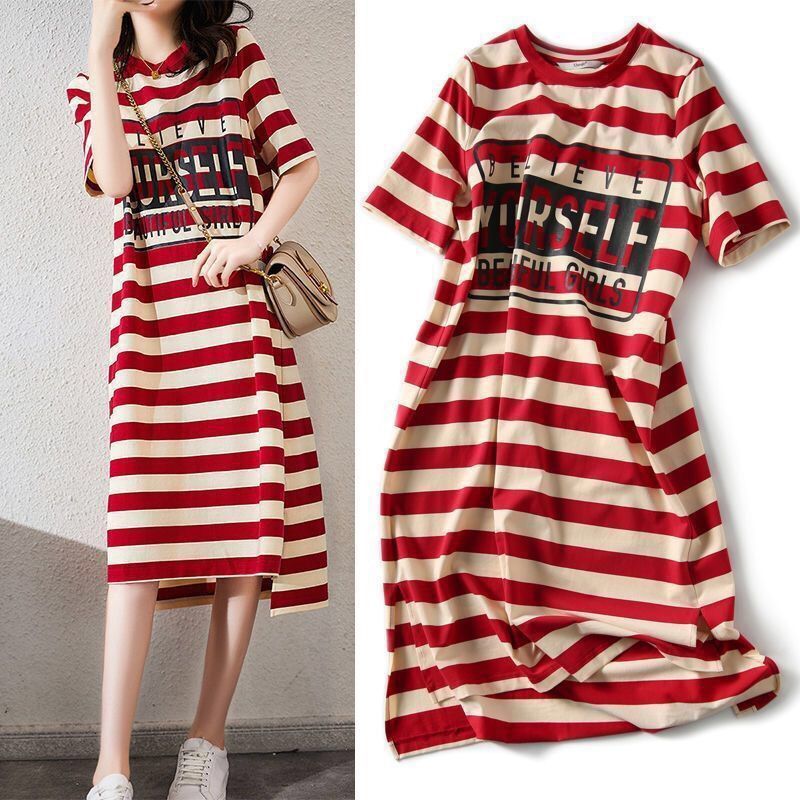 2025 夏ルーズスリムストライププリント Tシャツドレス女性学生韓国スタイルミッドレングス半袖スカートトレンディ|undefined