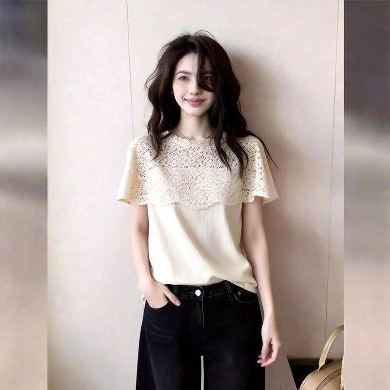 Áo thun ren ngắn tay kiểu Pháp cho nữ thiết kế độc đáo tinh tế — màu trắng chi tiết 6