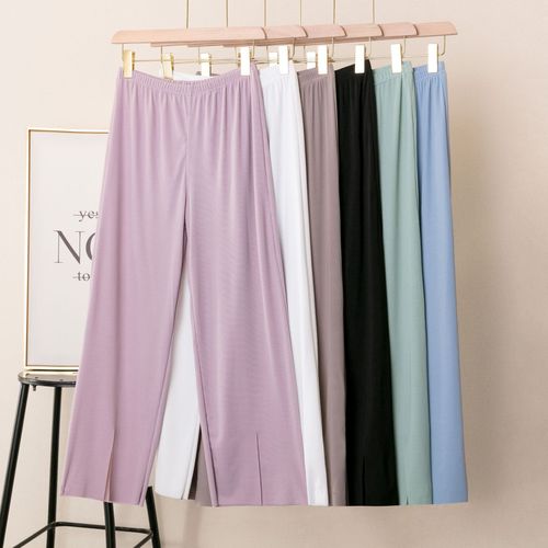 Front-split high-waist wide-leg summer thin version flowy slimming straight-leg pants for plus size casual floor-length pants
