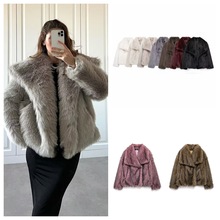 现货秋冬欧美新款女装人造皮草短款夹克外套女大码女装上衣