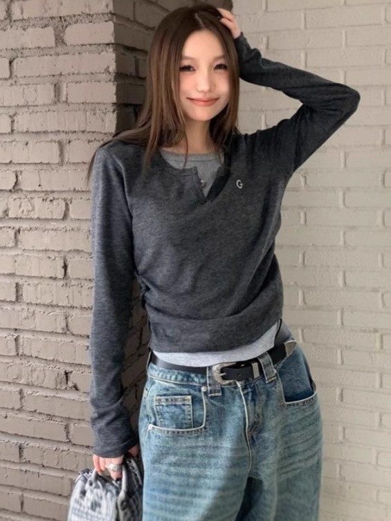 外贸新款假两件褶皱设计长袖T恤女秋冬时尚修身百搭打底上衣女T潮|undefined