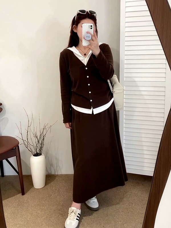 【包邮】大码女装假两件上衣女半裙两件套2025秋款胖mm针织套|undefined