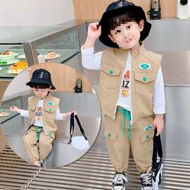 小童套装2025新款潮酷3岁帅气春款男孩子6洋气男童时髦马甲三件套