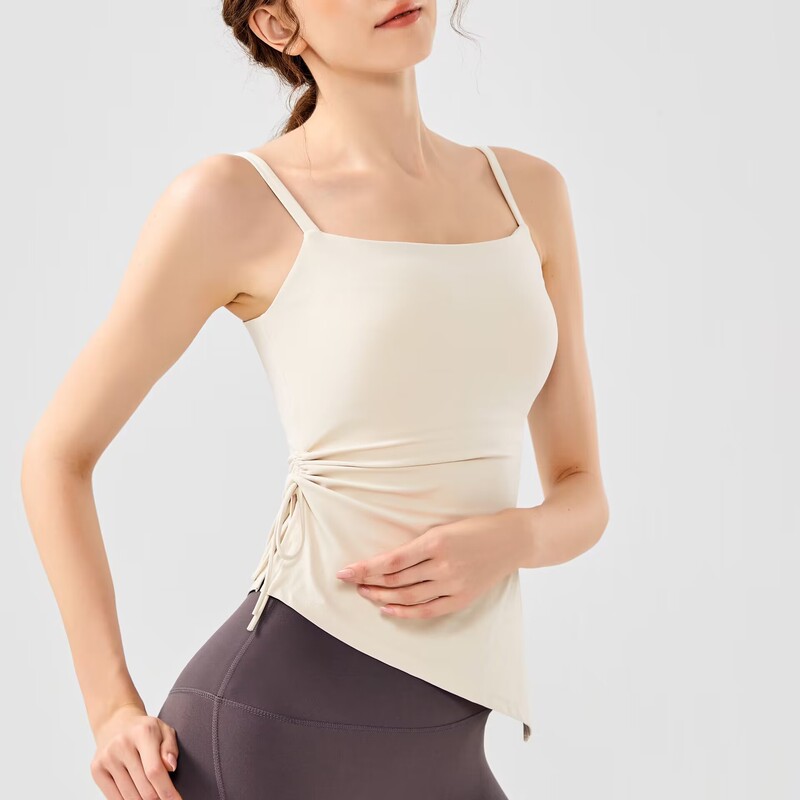 Cross-border nude slim-fit yoga clothes drawstring pleated slimming sports top women's fixed chest pad camisole tight vest