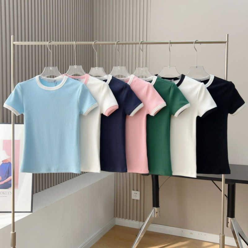 2026 Summer New French Crocodile Logo Embroidered Collar Color-Blocked Slim-Fit Round-Neck Women's T-Shirt Short Sleeve