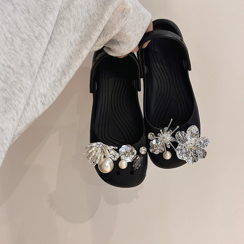 Flower-Decorated Clogs for Women, Fashionable and Cute Pearl Low-Top Eva Closed-Toe Sandals, Casual Accessories Closed-Toe Slippers