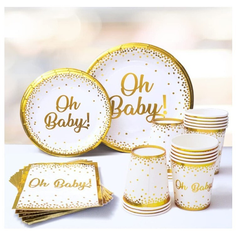 Oh Baby shower plate napkin boy or girl White Gold Cup napkin disposable tableware party