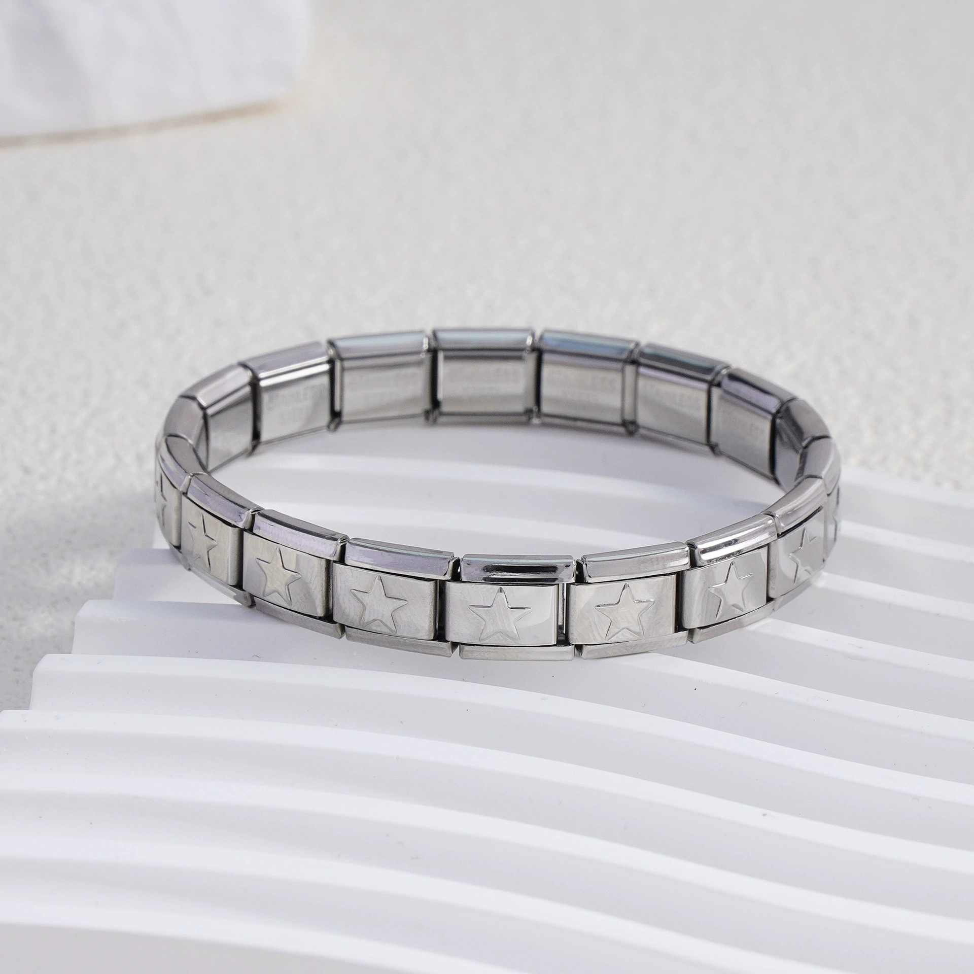 stainless steel bracelet, removable elastic link watch strap, italian european style, assorted charms
