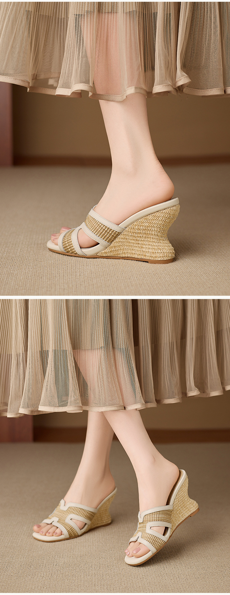 Sandal cao gót nữ mũi vuông hở ngón đế xuồng đan rơm phong cách nghỉ dưỡng — màu nâu, màu trắng ngà chi tiết 5