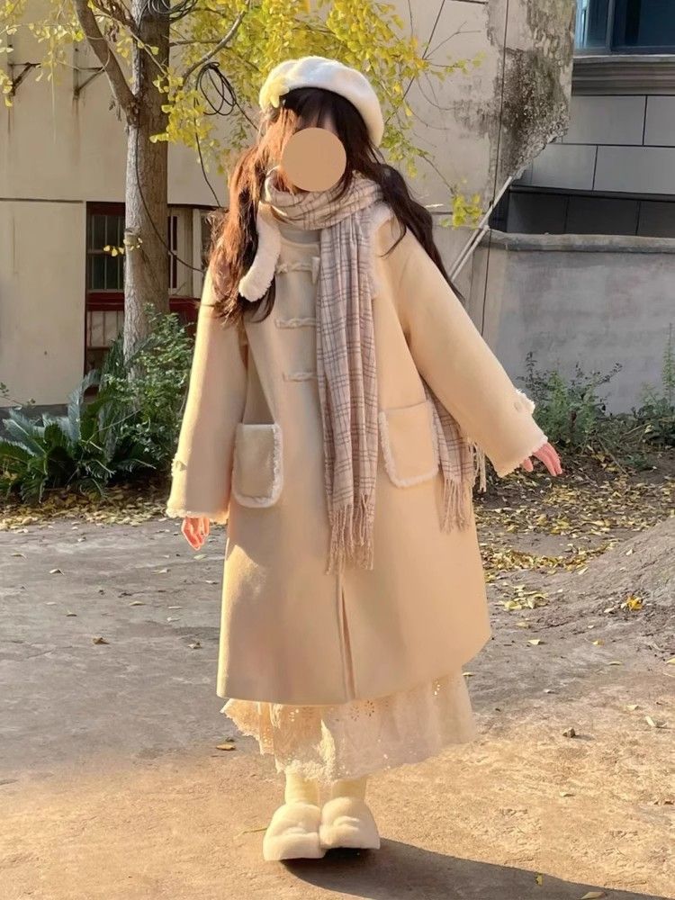 韩系牛角扣呢子大衣女秋冬季2025新款设计感仿羊羔毛呢外套中长款