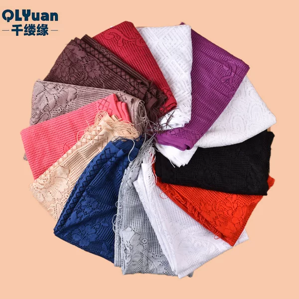 New Polyester Solid Color Monochrome Small Plaid Floral Lace Long Towel New Cross-border Women's Scarf