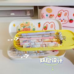 雙層筆盒純色文具盒女孩小學生ins可愛大容量奶油膠文具鉛筆盒