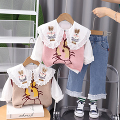 童裝女童秋裝套裝2023新款兒童秋季毛衣馬甲娃娃衫牛仔褲三件套潮