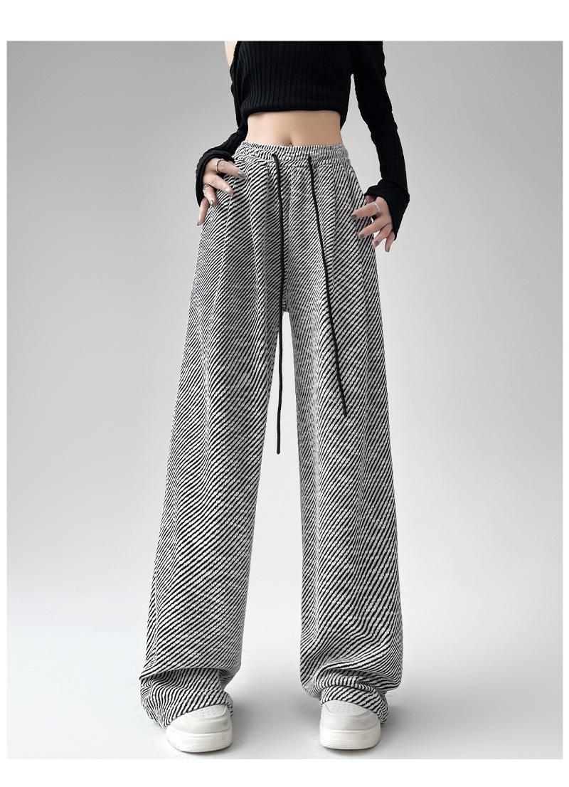 Pantaloni a gamba larga autunnali da donna, larghi e pigri, a righe diagonali nere e bianche, pantaloni sportivi dritti casual_voghion.com