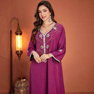 Zf4004 Rose Purple V Neck with Silver Webbing Loose Middle Eastern Ready-Made Dress