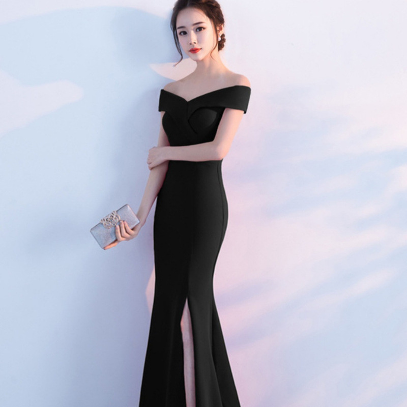 White New 2025 Long One-Shoulder Fishtail Evening Dress Off-Shoulder Toast Party Petite Slit Dress