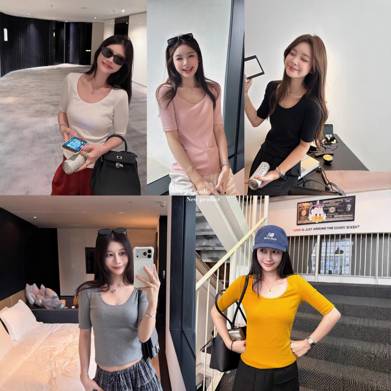Baishiwang Basic Versatile Large U-Neck Short-Sleeve T-Shirt for Women, New Spring Korean Style, Slim Fit, Flattering, Regular Shoulder Top