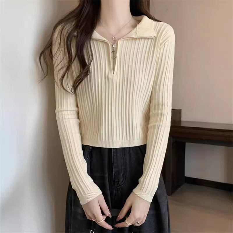 Knitted autumn short sweater with zipper