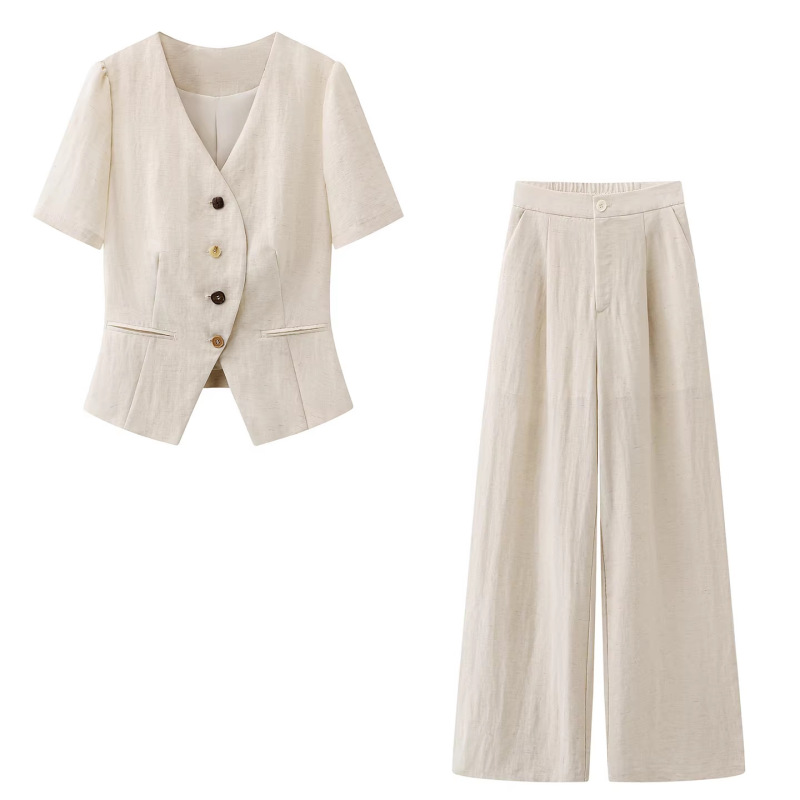 Fragrant-Style Women's Thin Suit Set, Short-Sleeve, 2026 Summer New Old Money Style, Includes Linen Pants Two-Piece Set