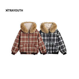XTRAYOUTH察外冬款可拆卸毛领外套连帽格子格子棉衣