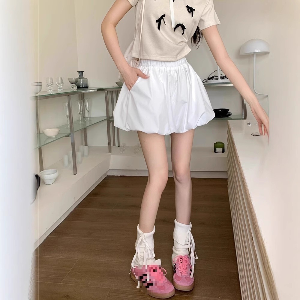 韩系黑色蓬蓬花苞裤休闲裤女夏季高腰显瘦宽松阔腿裤百搭a字短裤