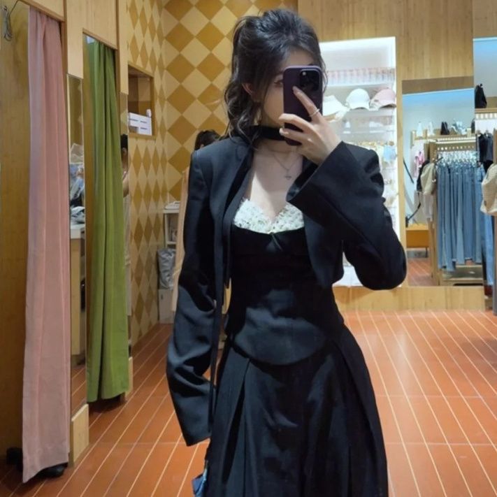 气质御姐风短款长袖西装外套叠穿拼接吊带背心女高腰阔腿裤三件套|undefined