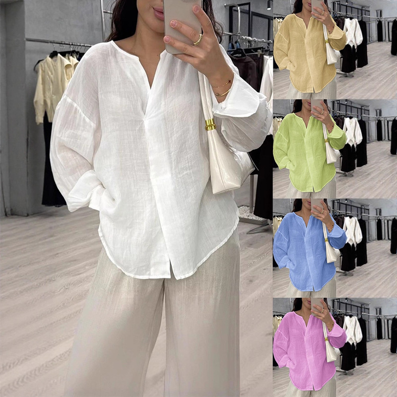 2026 Amazon European and American Cross-Border New Women's Clothing Casual Long-Sleeved V-Neck Regular Multi-Color Women's Tops and Shirts