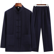 春秋棉麻唐装男长袖套装中老年爸爸装中式太极服打底衫复古中国风