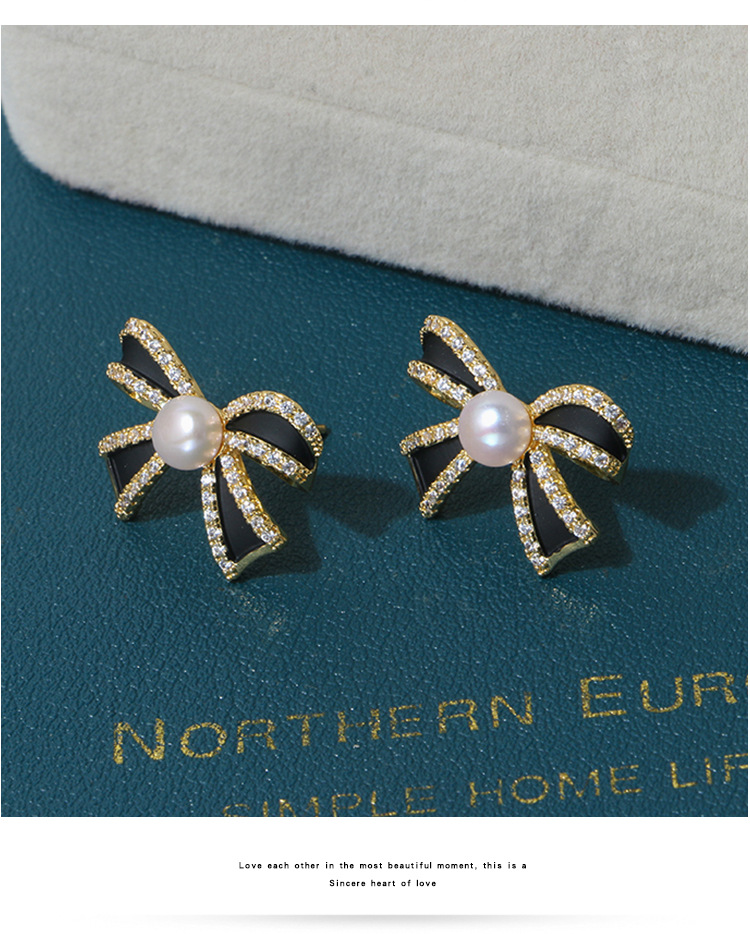 14K注金滴油蝴蝶结淡水珍珠耳钉