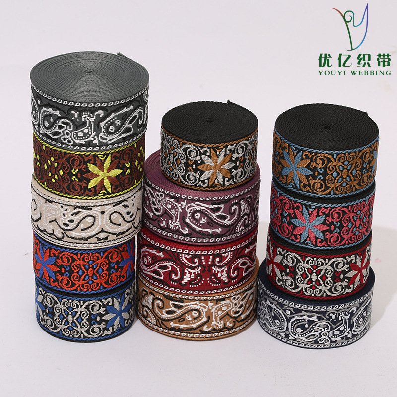 Cinturón de poliéster jacquard suministro directo cinturón de moda estilo nacional totem flor patrón de diamante retrógrado cinturón de tejido