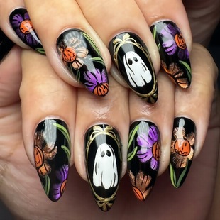 Halloween Pumpkin Floral Ghost Manicure Water Drop Almond Wearable Nails Nails Painted Fake Nails Ya-77
