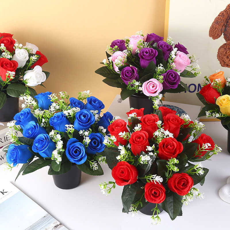 Cross-Border Artificial Flower Pot with Pot Set 12-Head Rose Decorative Flowers Overseas Cemetery Sweeping Cemetery Heavy Decorative Flowers