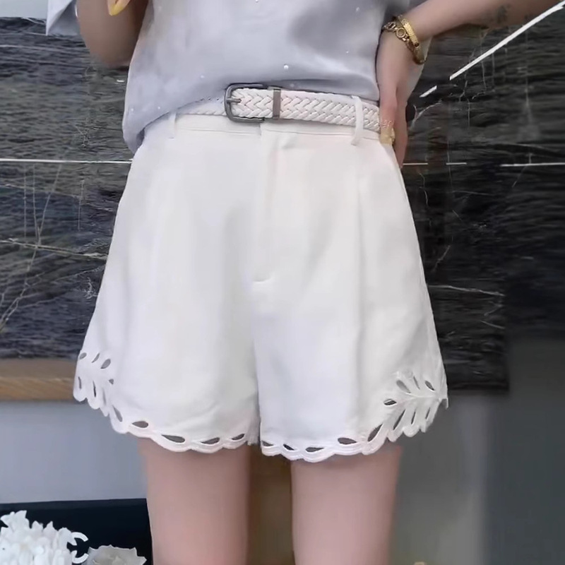 Youmanti Real Shot White Denim Shorts for Women with Belt, Summer New Style, Old Money Style High-Waisted Hollow Lace Shorts