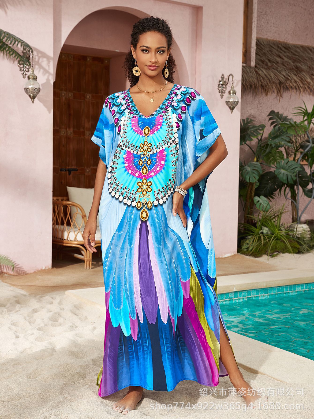 Camiseta de playa de algodón impresa de posicionamiento bohemio falda larga camisa de vacaciones protector solar bañador con pañuelo AT556