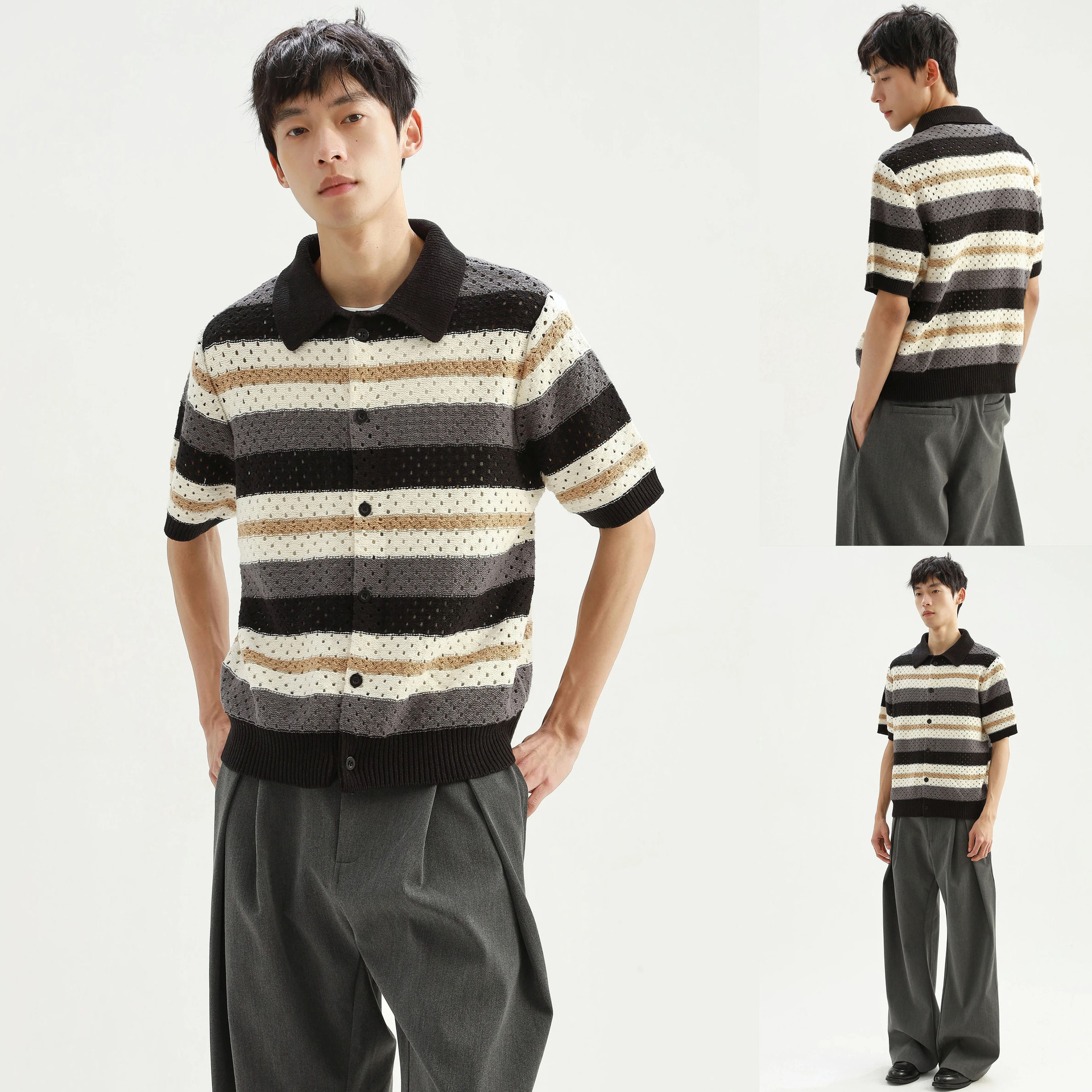 Polo camiseta de punto camiseta de manga corta camiseta de hombre rayas huecas retro viento de hielo de verano fábrica transfronteriza al por mayor image 1