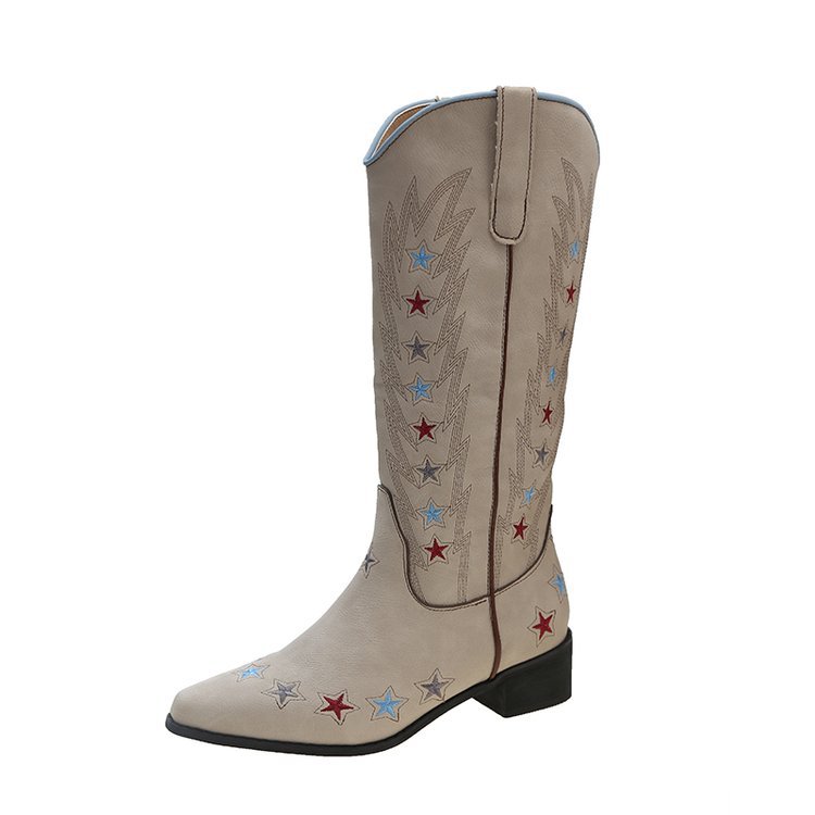 Women's Shoes Retro embroidered pointed toe western cowboy boots for women new large size thick heel knight boots not over the knee boots_voghion.com