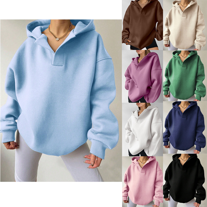 Fleece-Lined Sweatshirt 2025 Autumn and Winter Amazon Hot-Selling Sweatshirt with Ribbed Cuffs and Solid Color Long-Sleeve Hooded Top