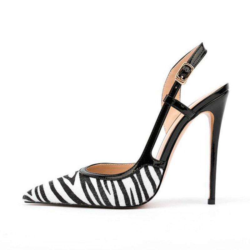 2022 Summer New Pointed Toe High Heels Women's Stiletto Back Empty Black and White Striped Zebra Toe Sandals Large Size