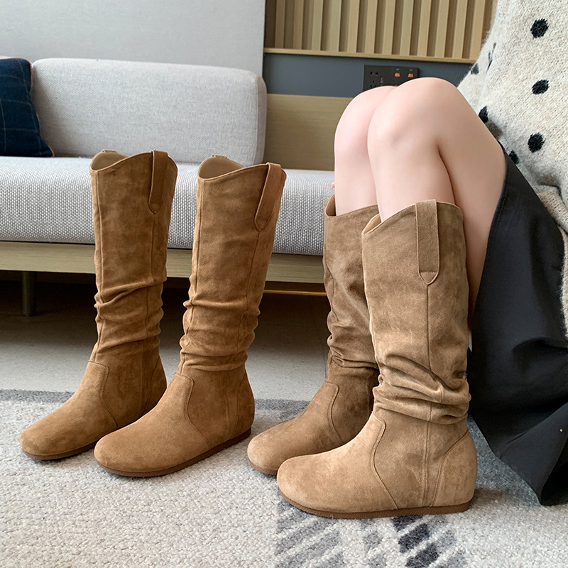 Plus-Size Women's Winter Boots 2025 with Fleece Lining, Long Boots, Slouchy Boots, Flat Sole, Height-Increasing, Wide Size Women's Shoes