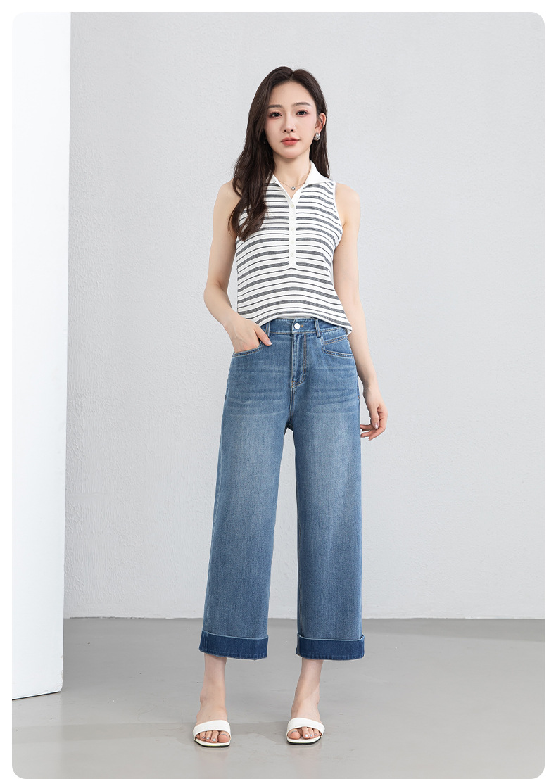 Quần tây nữ ống đứng cạp cao co giãn vải Lyocell denim dáng suông — xanh lam chi tiết 19