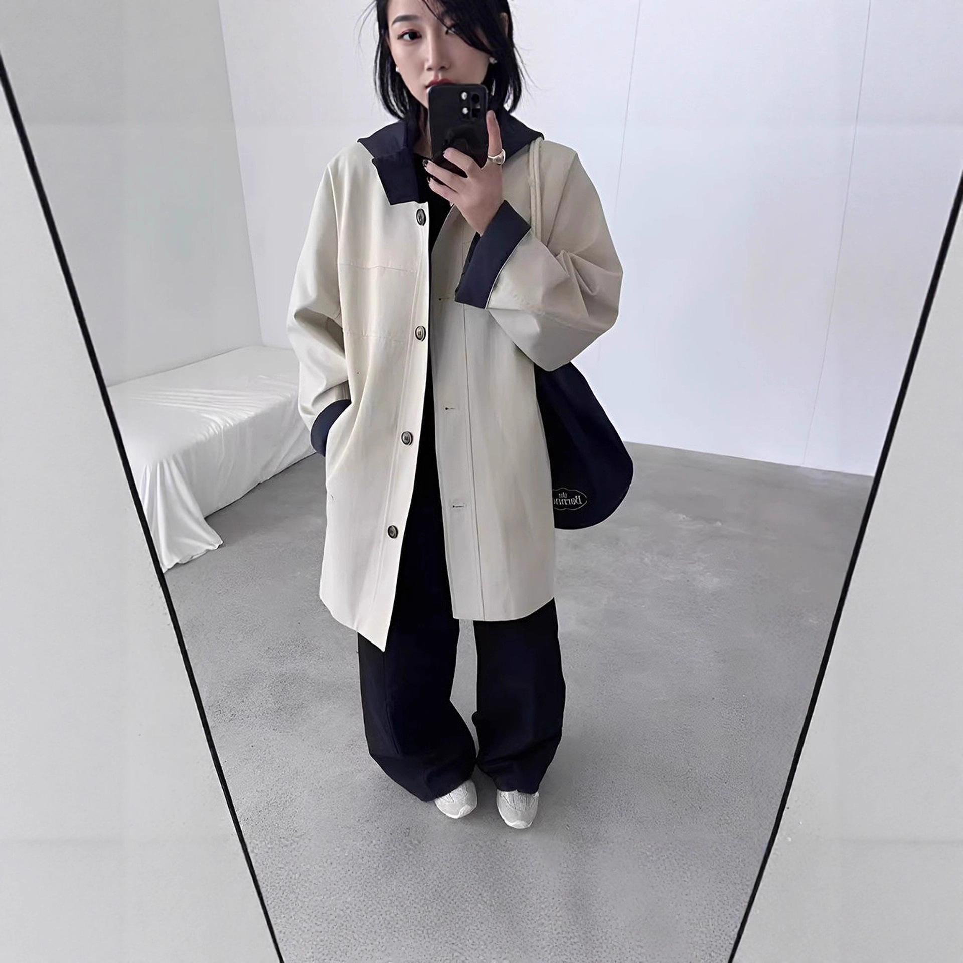 韩版时尚百搭气质中长款风衣女休闲撞色百搭连帽宽松外套夹克大衣