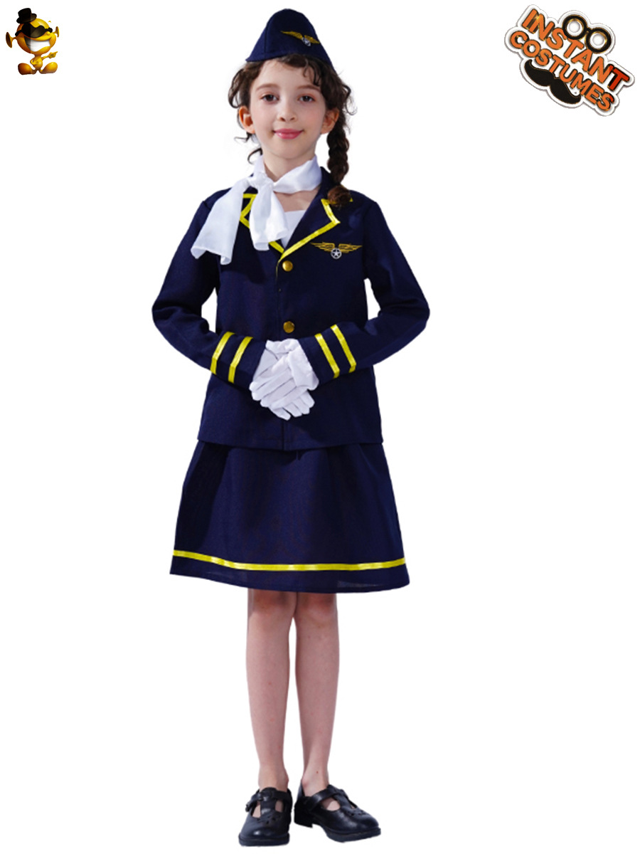 Transfronterizo niños niñas lindo asistente de vuelo traje de azafata niña azafata rol uniforme Cosplay