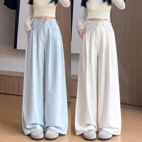 Misty Blue Milk Puff Suit Wide Leg Pants for Women 2025 Summer New High-Waisted Slimming Loose Chiffon Floor-Length Summer Pants