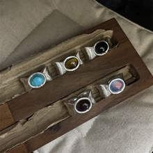 S925银拉丝磨砂缎面镶嵌椭圆天然石开口戒指冷淡高级感重工质感