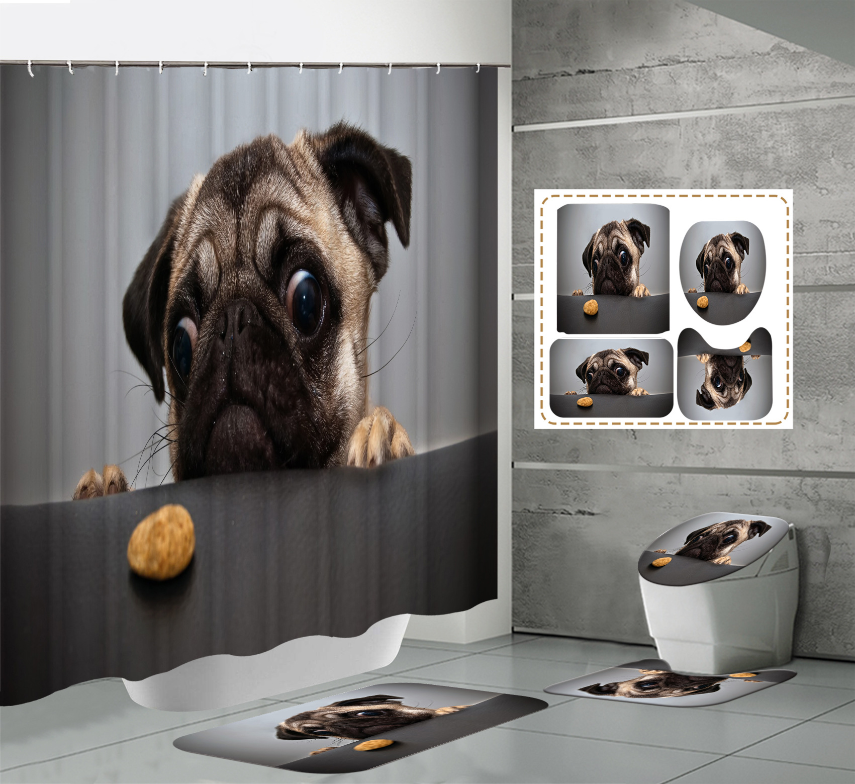 Nyt digitalt tryk vandtæt polyester bruseforhæng til lille hund badeværelsespartition bruseforhæng_voghion.com