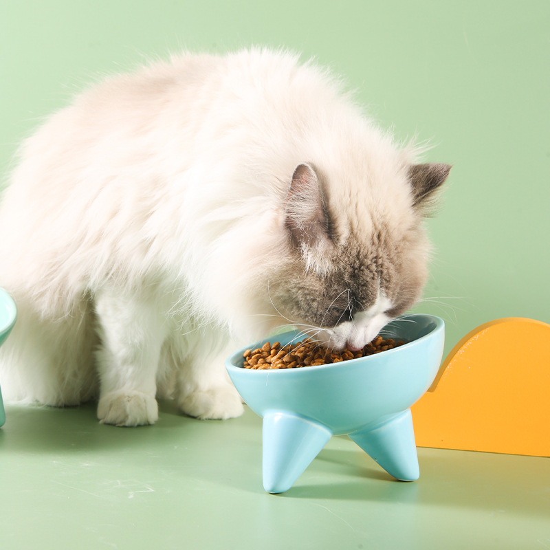 Tazón para gatos Tazón de comida para gatos de cerámica Pies altos, cuello oblicuo, barbilla anti-negra, tazón de arroz para gatos, anti-volcado, tazón de agua potable para perros al por mayor