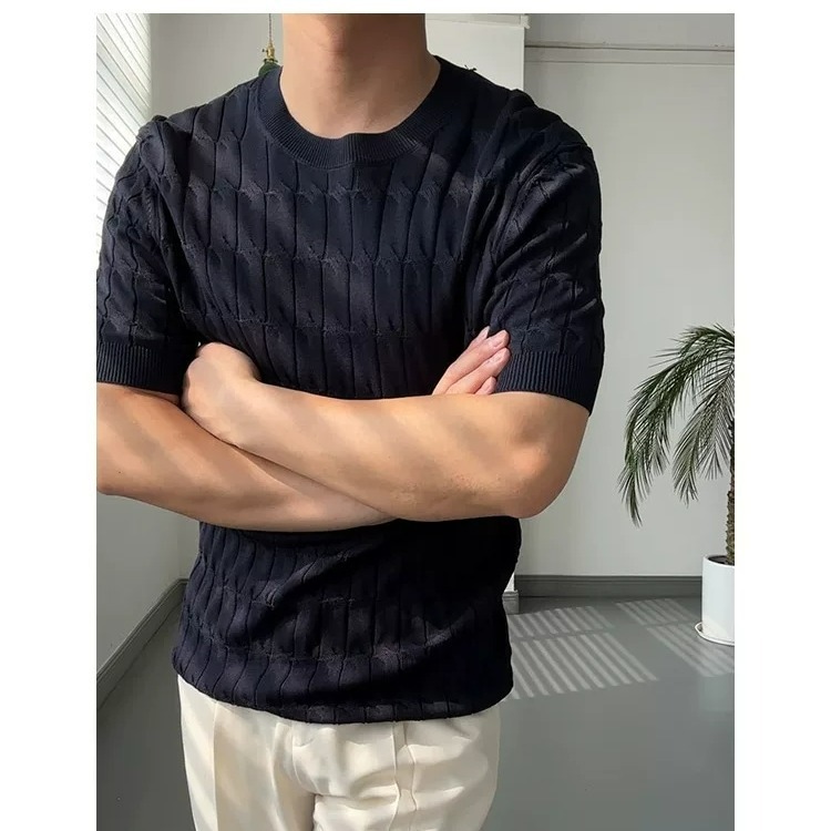 Herren-Poloshirt in schmaler Passform, koreanischer Stil, einfarbig, lässiges Kurzarm-Top, trendiges Strickoberteil für den Sommer_voghion.com